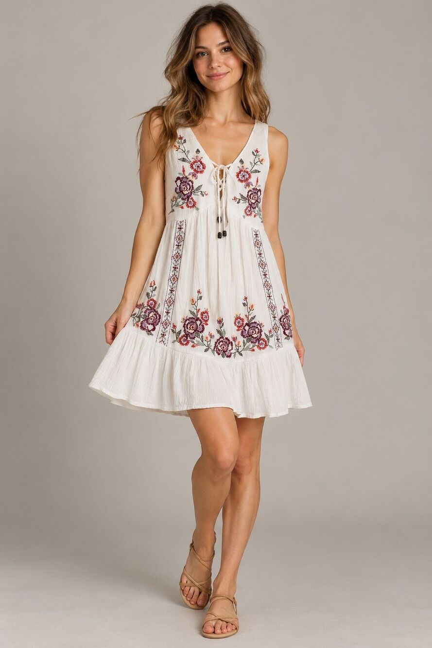 Xhilaration XS White Floral Embroidered Boho Sleeveless Midi Dress